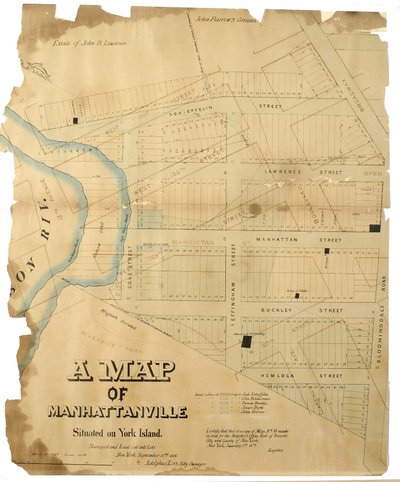 A Map of Manhattanville situated on York Island surveyed and laid out into lots by Adolphus Loss, 1806 (Pen-and-ink (black and colour), watercolour on paper; mounted on cloth) by American School